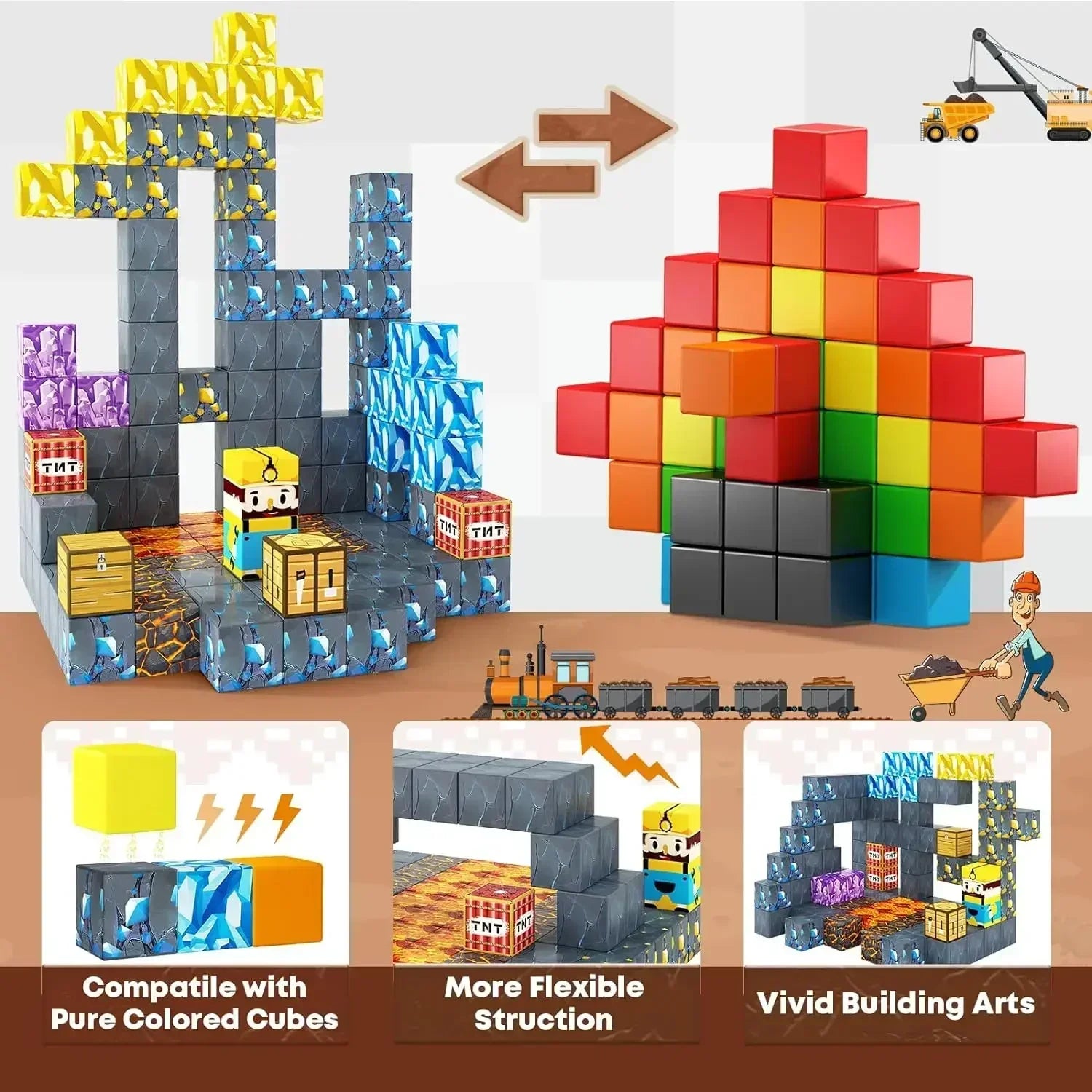 Magnetic Building Blocks Mine World Magnet Cube for Boys Girls Kids Ages 3+ DIY Stacking Construction Set Educate Sensory Toys